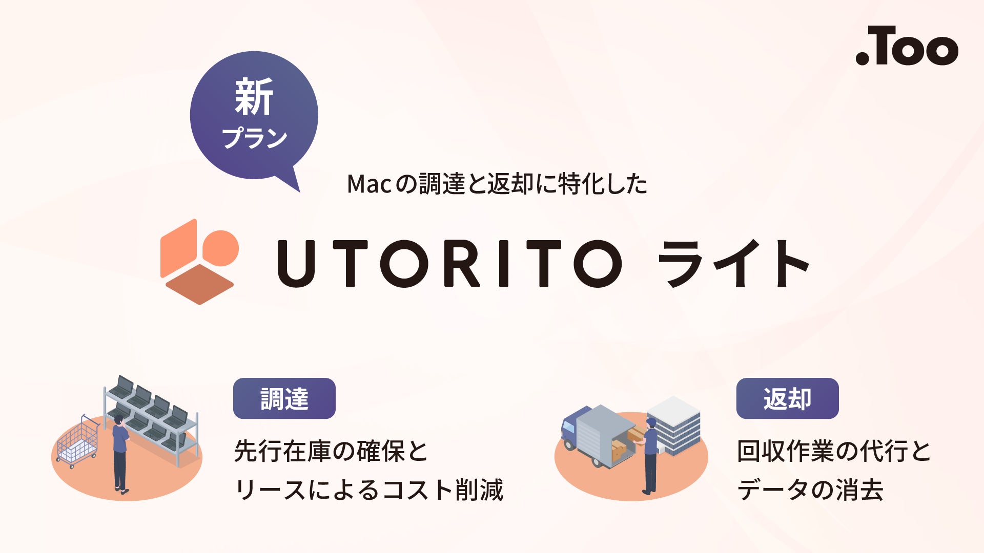 企業のMac導入から運用までをワンストップで支援する「UTORITO」の新プランを提供開始。スピーディなデバイス調達と返却代行に特化。