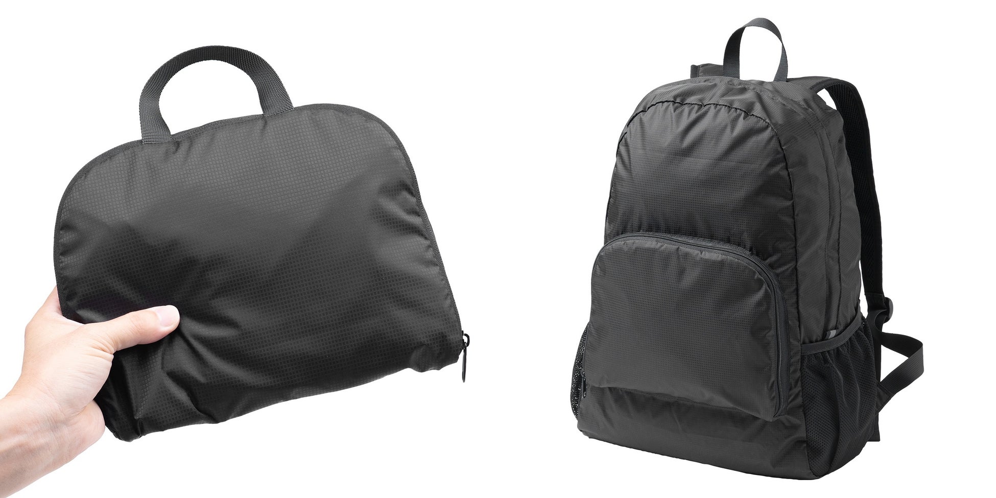 パッと広げて大きなリュックになる。折りたたみコンパクトリュックのLサイズを発売