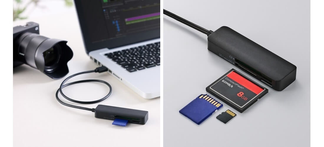 SD/microSDに加えてコンパクトフラッシュも。1台で3種類のカードに対応するケーブル一体型メモリーカードリーダーを新発売