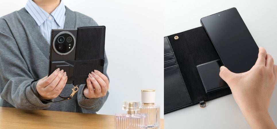 大型カメラ搭載端末にも対応！自己吸着シートでスマートフォンがピタッとくっつく手帳型マルチスマホケース 2タイプを新発売
