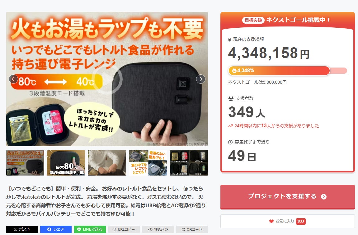 クラファン初日で目標達成！ネクストゴール挑戦中。【加熱温度最高80℃】火もお湯もラップも使わずレトルト食品がつくれる「いつでもどこでもレトルト」