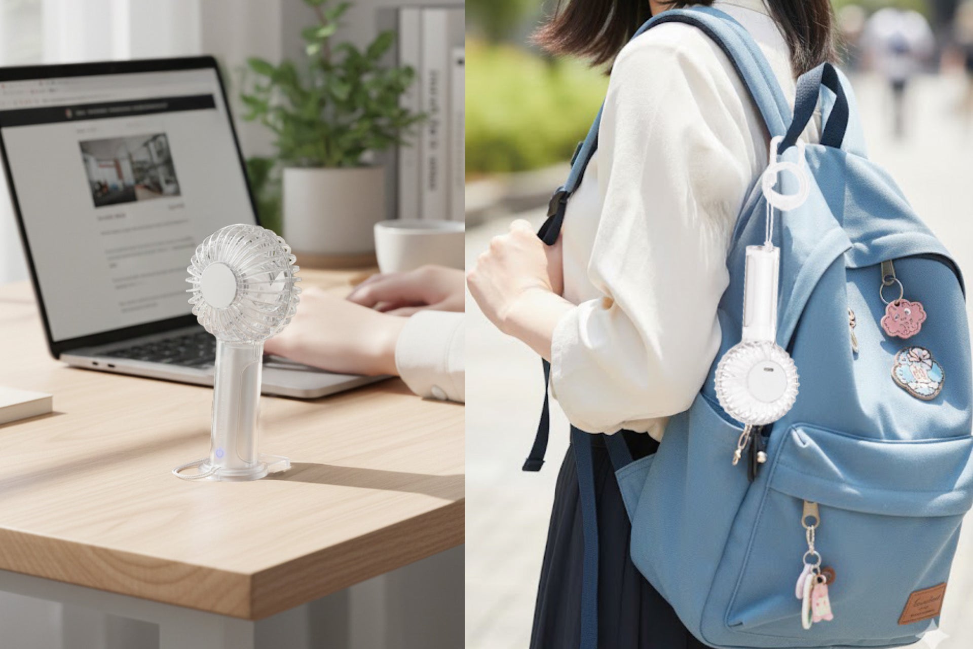 カラビナストラップがついて持ち運びがしやすい小型なのに大風量でクリアボディが涼しげな「ツインブレード クリアハンディファン+(プラス)」を発売