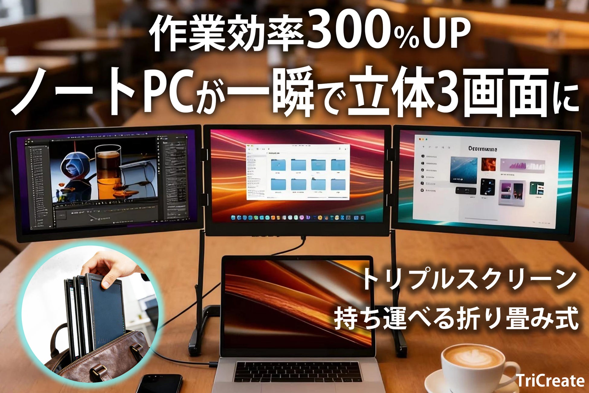 ノートPCを瞬時に3画面化で作業効率300％UP！できる人は整えている。成果を出す人は環境にケチらない。世界で話題のTriCreateをCAMPFIRE価格で先行公開｜当サイト購入限定で5％OFF