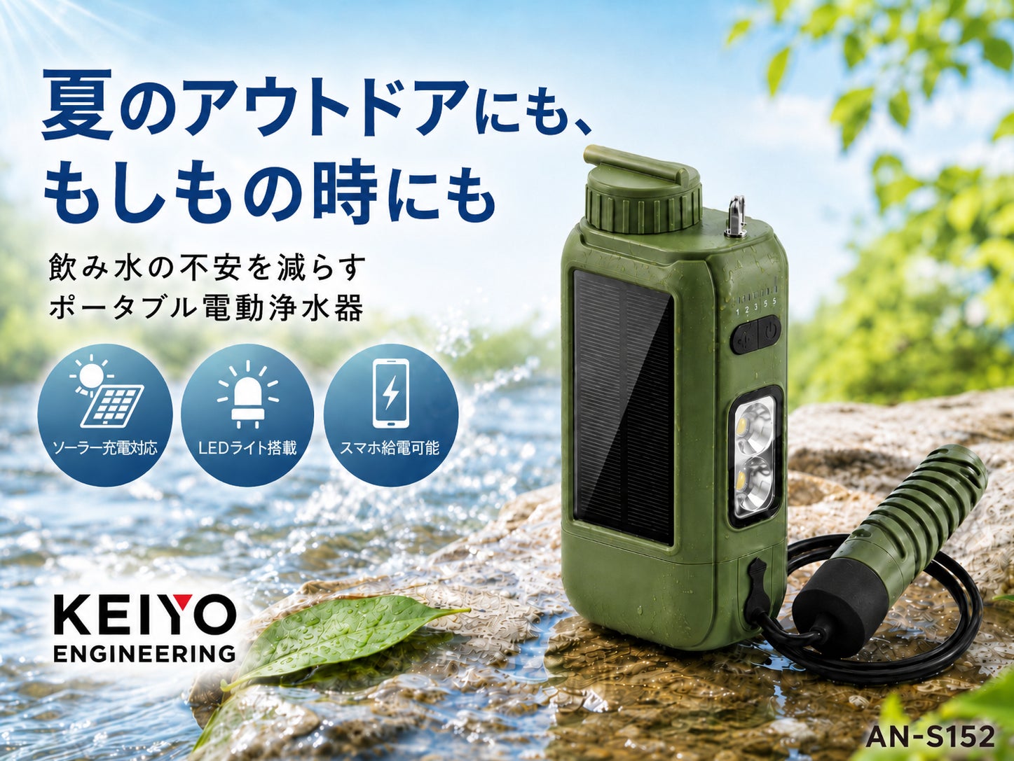 夏のアウトドア・防災準備に。“飲み水の不安”を減らすKEIYOの携帯電動浄水器が Amazonタイムセール価格で販売中