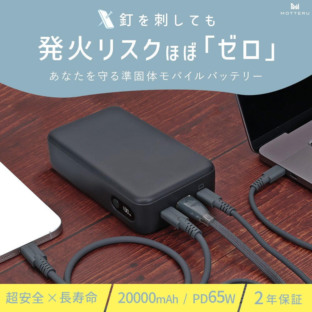 MOTTERU　モバイルバッテリーを“安全性”で選ぶ時代へ。超安心・超安全の準固体電池採用の20,000mAh大容量モデルが登場