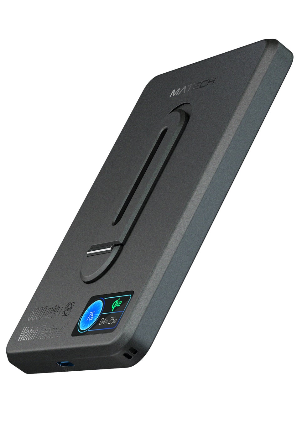 【MATECH】Qi2対応・360°回転スタンド搭載。薄さ8.2mmの半個体電池内蔵モバイルバッテリー「MagOn Watch FlexStand 5000」新登場