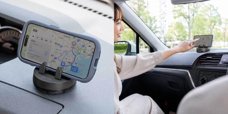 片手でカチッと固定できる！360°回転する車載スマホホルダー
