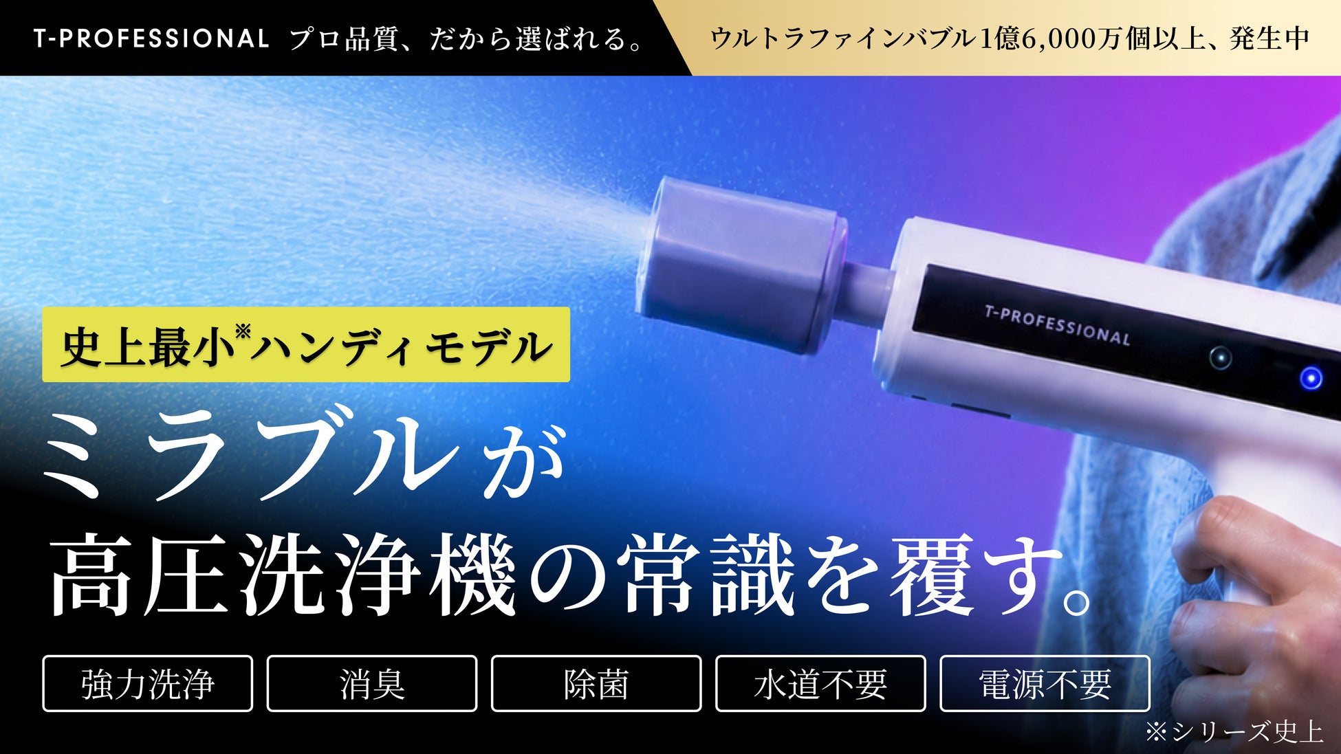 世界初*1、「ミラブル技術」搭載のハンディ高圧洗浄機が誕生！水道・コンセント不要！約1億6,000万個のウルトラファインバブルで強力洗浄・消臭・除菌まで