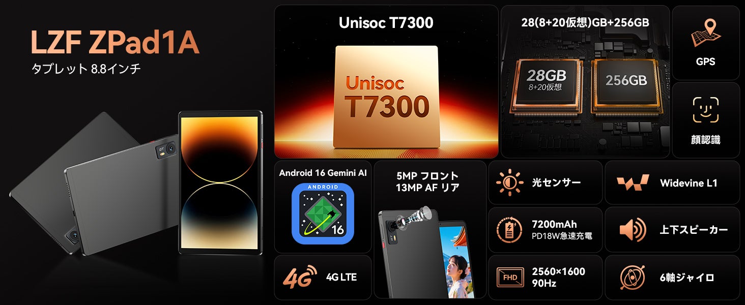 【50台先着順+レビューでケース特典】8.8インチ LZF ZPad1A タブレット T7300 SIMフリー！GPS 2.5K 90Hz 28GB+256GB！
