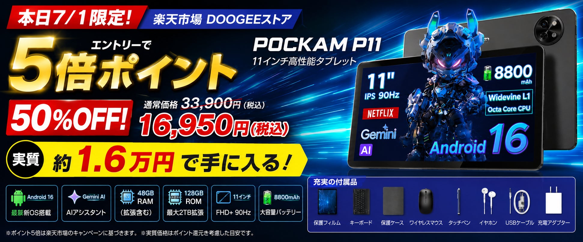【楽天市場 7月1日限定】楽天市場「5倍ポイント還元」、POCKAM P11が50％OFF＋ポイント還元で実質約1.6万円。Android 16・Gemini AI搭載11インチタブレット
