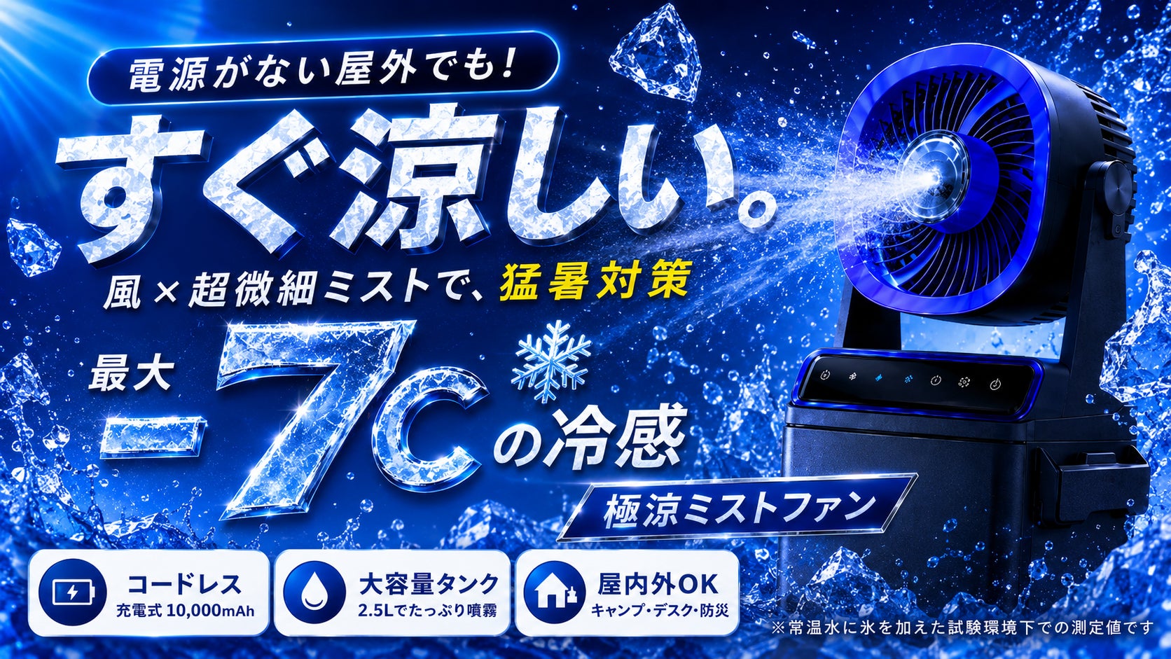 【新発売】電源のない屋外でも“涼感スポット”を持ち運ぶ。風×超微細ミストで-7℃の冷感を実現する「極涼ミストファン」がMakuakeに登場｜7月24日（金）AM10時よりMakuakeにて先行販売開始