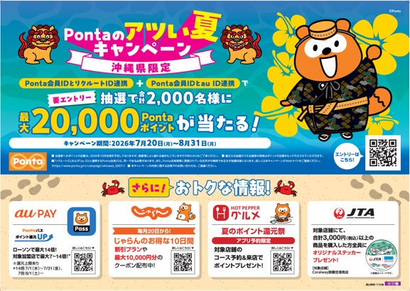 沖縄県在住のお客さま限定　合計2,000名に総額100万Pontaポイント（最大20,000ポイント）を進呈「Pontaのアツい夏キャンペーン」スタート
