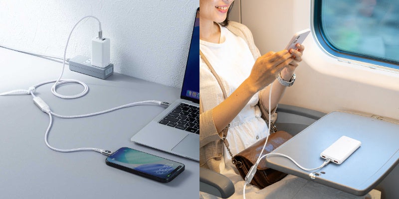 2台同時充電できる！人気の電力表示付きの100W対応2in1 Type-Cケーブルの白色を発売